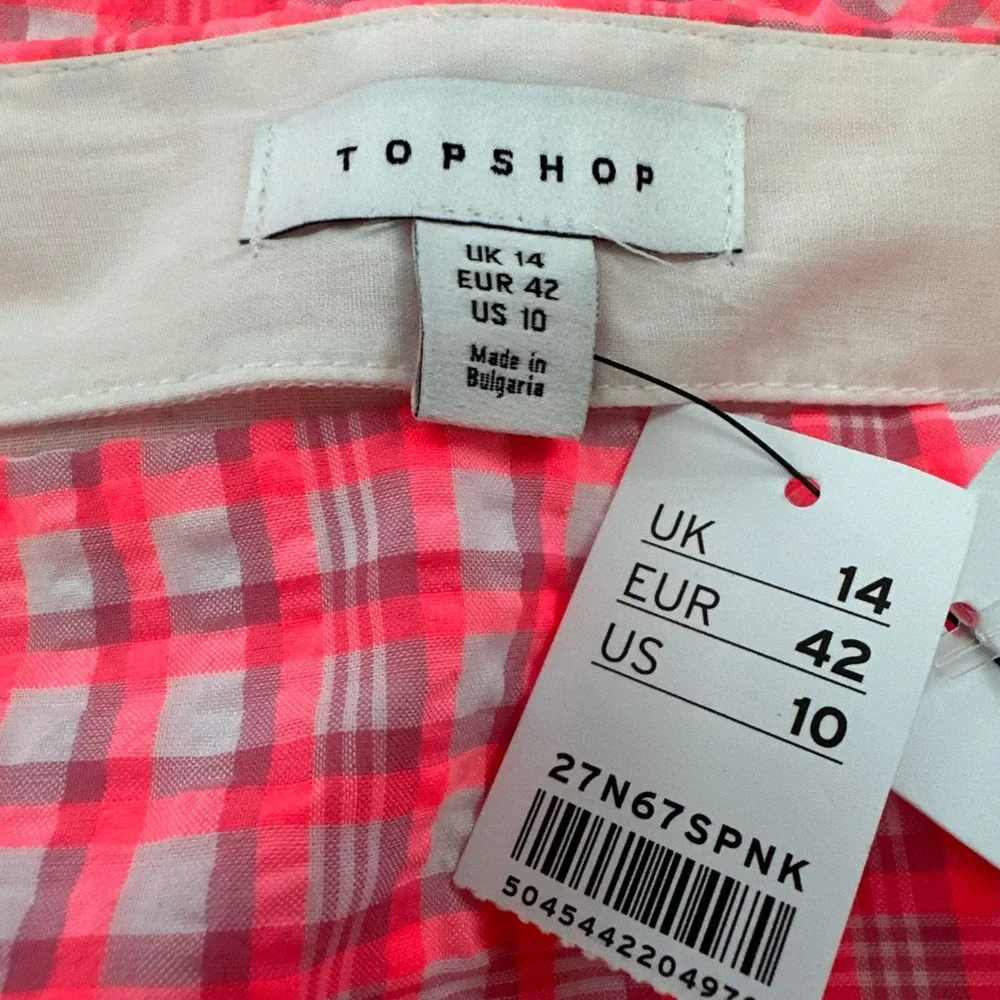 NWT Top Shop Seersucker Bright Pink Gingham Neon Maxi Skirt Sze 10 Drop Waist - Picture 6 of 8